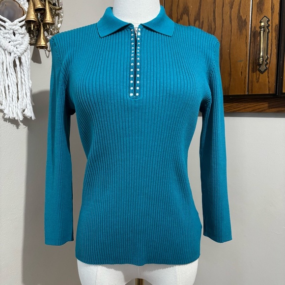 Cable & Gauge Tops - Vintage Y2K Teal Rhinestone 3/4 Sleeve Ribbed Top Shirt Size Small Cable & Gauge